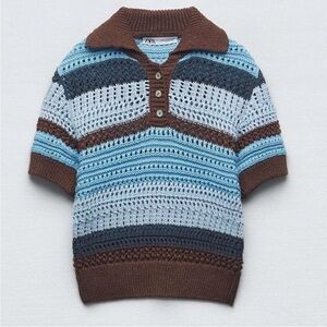 Zara Open Pointelle Knit Blue Brown Stripe Collar Crop Top Shirt Medium Retro